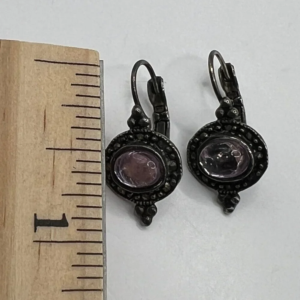 Vintage‎ Pierced Earrings Silver Tone Marcasite Purple Glass Stone